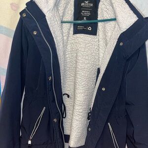 Hollister Women's Dark Blue Utility Jacket with Sherpa Lining